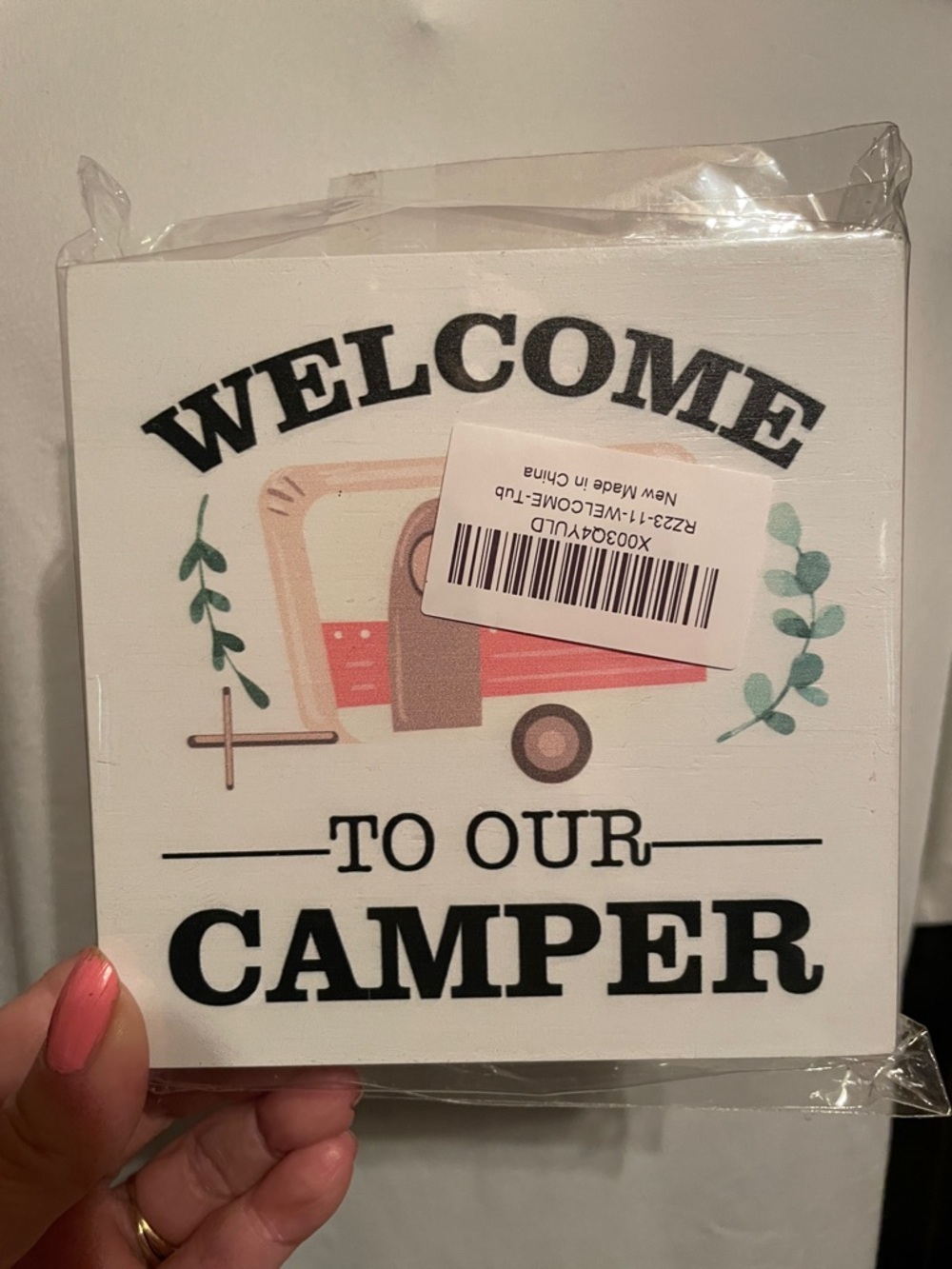Welcome to Our Camper Decorative Sign - White with Coral & Tan Accent